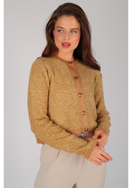 Kadın Hardal Kırçıllı Düğmeli Hırka