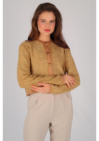 Kadın Hardal Kırçıllı Düğmeli Hırka modelleri