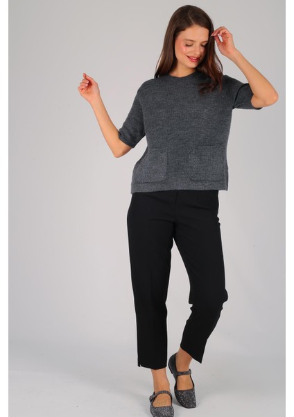 Kadın Antrasit Kısa Kol Cep Detay Kazak fiyatları