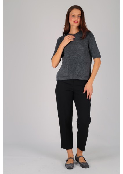 Kadın Antrasit Kısa Kol Cep Detay Kazak fırsatları