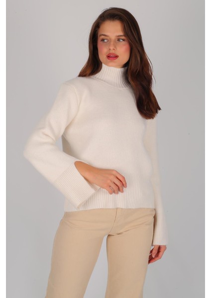 Kadın Ekru Balıkcı Yaka Kol Yırtmaçlı Kazak fiyatları