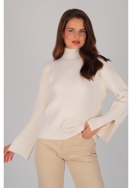 Kadın Ekru Balıkcı Yaka Kol Yırtmaçlı Kazak fırsatları