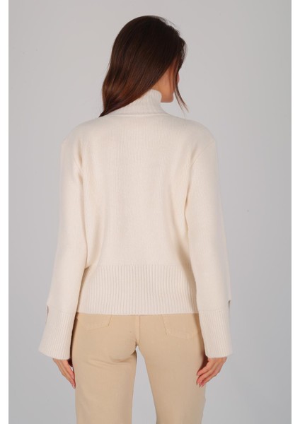 Kadın Ekru Balıkcı Yaka Kol Yırtmaçlı Kazak indirimleri