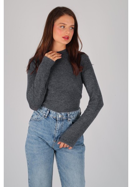 Kadın Bej Kalın Ribana Basic Uzun Kol Kazak