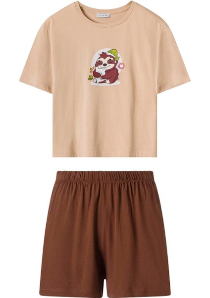 Kadın Çok Renkli Baskılı Tişört Şort Takım