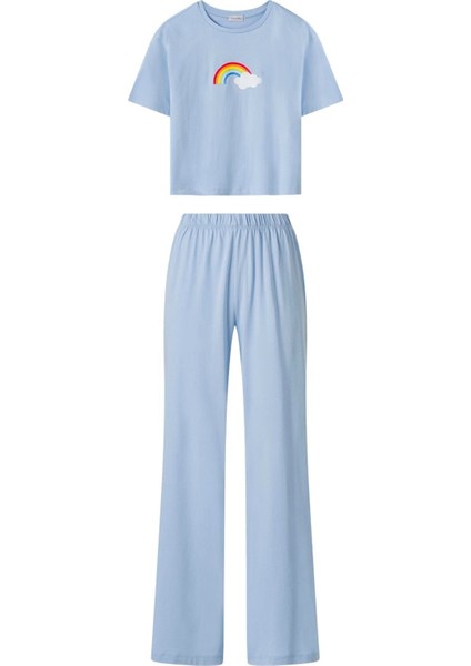 Kadın Mavi Gökkuşağı Desen Tişört Pantolon Takım
