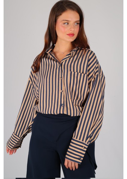 Kadın Çizgi Desen Oversize Gömlek