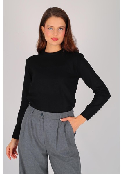 Kadın Siyah Ince Ribana Basic Uzun Kol Kazak