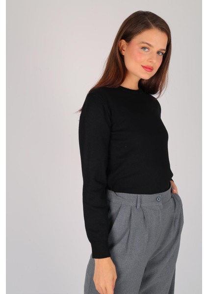 Kadın Siyah Ince Ribana Basic Uzun Kol Kazak modelleri