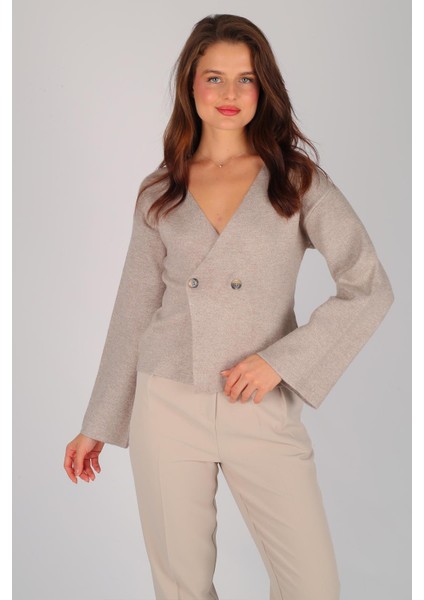 Kadın Vizon Kruvaze Yaka Düğmeli Kazak