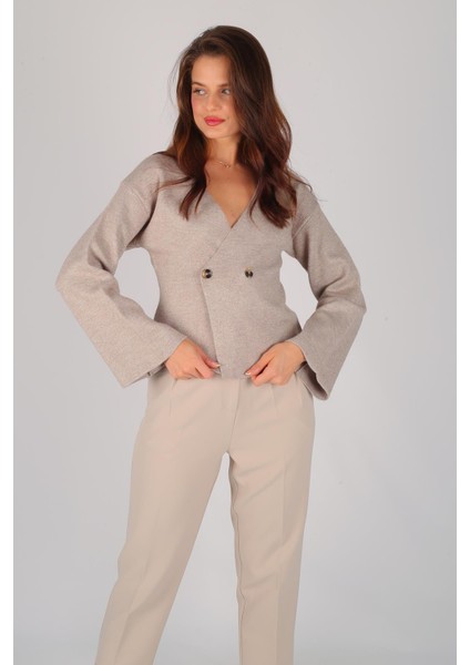 Kadın Vizon Kruvaze Yaka Düğmeli Kazak modelleri