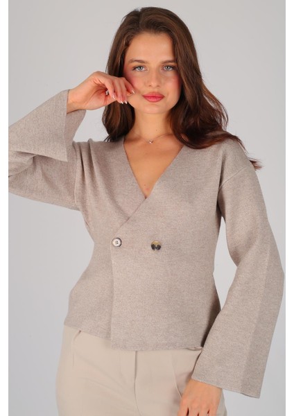 Kadın Vizon Kruvaze Yaka Düğmeli Kazak fırsatları