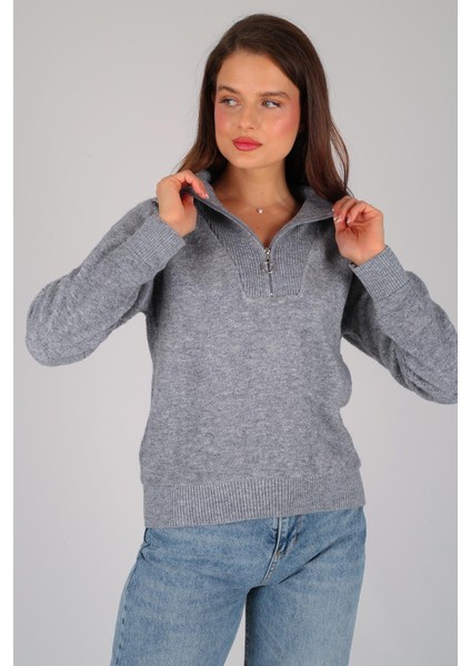 Kadın Gri Yarım Fermuar Uzun Kol Kazak