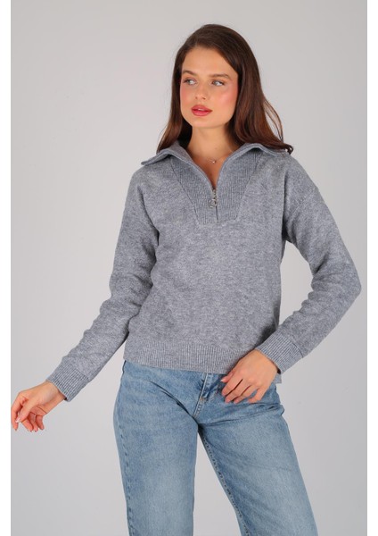 Kadın Gri Yarım Fermuar Uzun Kol Kazak fiyatları