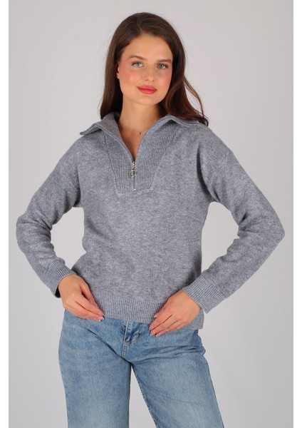 Kadın Gri Yarım Fermuar Uzun Kol Kazak modelleri