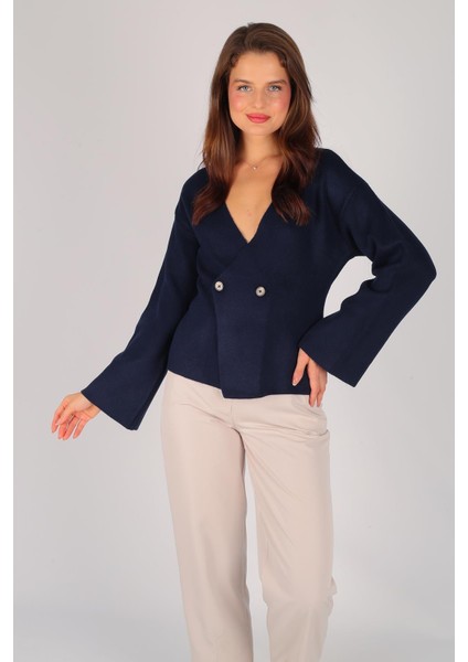 Kadın Lacivert Kruvaze Yaka Düğmeli Kazak fiyatları