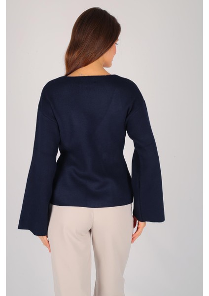 Kadın Lacivert Kruvaze Yaka Düğmeli Kazak fırsatları