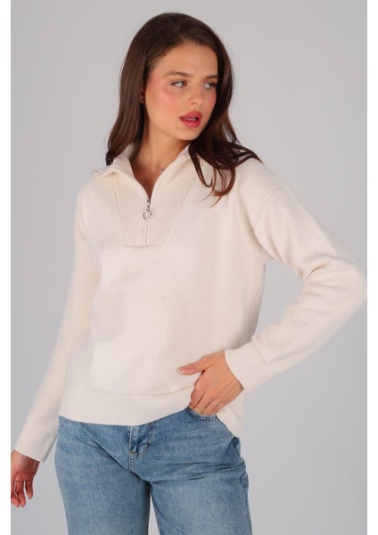 Kadın Ekru Yarım Fermuar Uzun Kol Kazak fiyatları