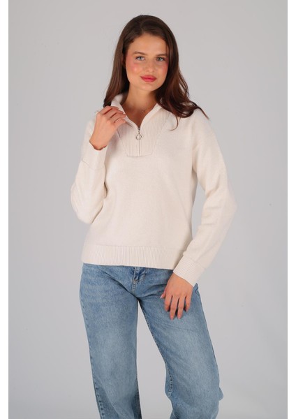 Kadın Ekru Yarım Fermuar Uzun Kol Kazak modelleri