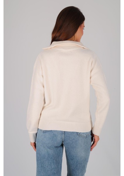 Kadın Ekru Yarım Fermuar Uzun Kol Kazak fırsatları