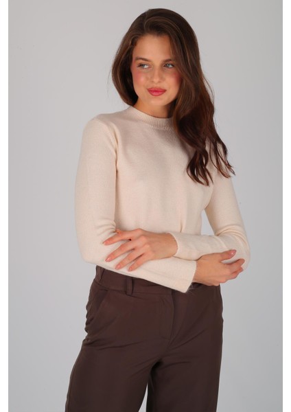Kadın Bej Kalın Ribana Basic Uzun Kol Kazak