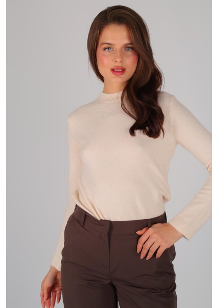 Kadın Bej Kalın Ribana Basic Uzun Kol Kazak fiyatları