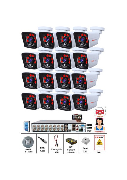 16 Kameralı 5 Mp Yüz ve Araç Algılama Hareket Anı Bildirimli Güvenlik Kamerası Seti Kamera Sistemi