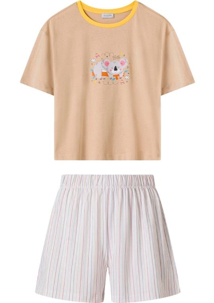 Kadın Bej Koala Desen Tişört Şort Takım