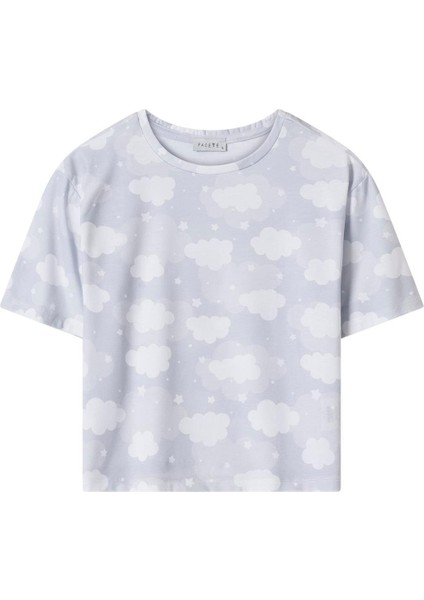 Kadın Gri Bulut Desen Tişört Pantolon Takım