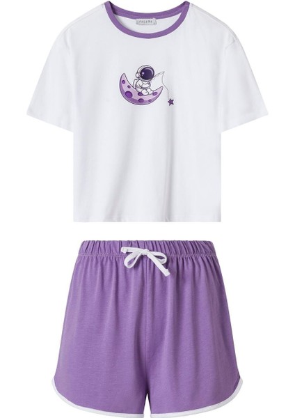 Kadın Lila Astronot Desen Tişört Şort Takım