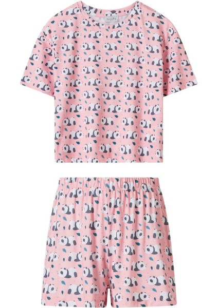 Kadın Pembe Panda Desen Tişört Şort Takım