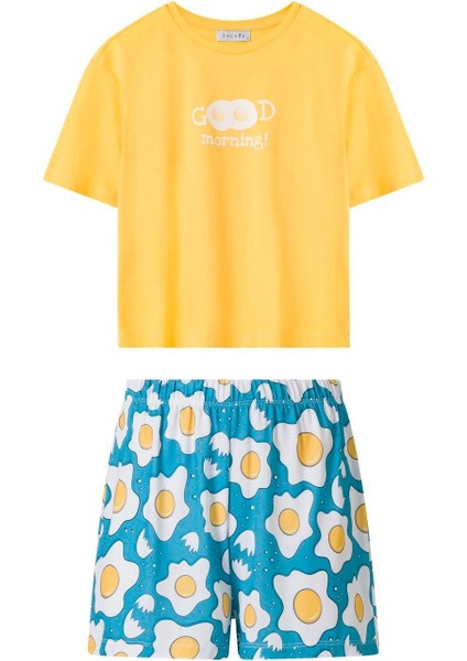 Kadın Çok Renkli Yumurta Desen Tişört Şort Takım