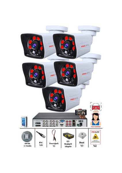 5 Kameralı 5 Mp Yüz ve Araç Algılama Hareket Anı Bildirimli Güvenlik Kamerası Seti Kamera Sistemi