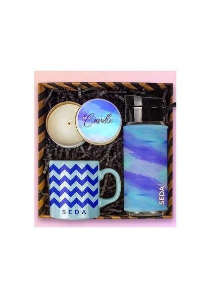 Kişiye Özel Hediye Kutusu Renkli Kupa Bardak Matara ve Mum İle