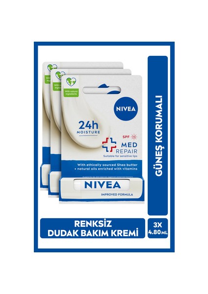 Renksiz Dudak Bakım Kremi Med Repair 4.8gr, 24 Saat Nem, Güneş Koruyucu, SPF15, X3 Adet
