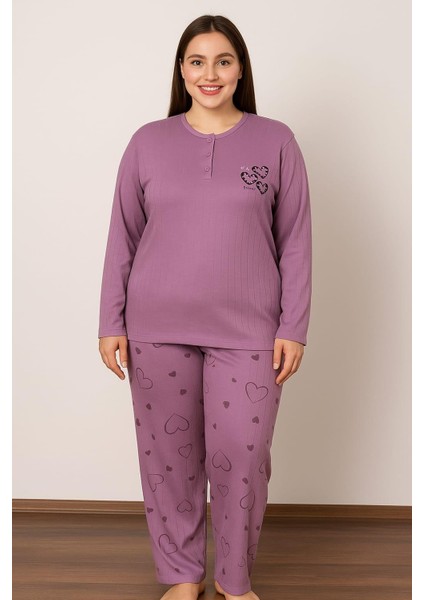 Kadın 05141 Büyük Beden % 100 Pamuk Raporlu Interlok Pijama Takımı Mor