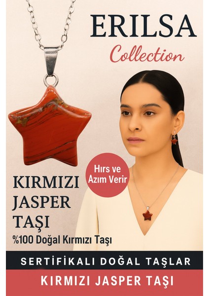 Sertifikalı Gerçek Yıldız Model Kırmızı Jasper Taşı Kolye - Gümüş Aparatlı modelleri