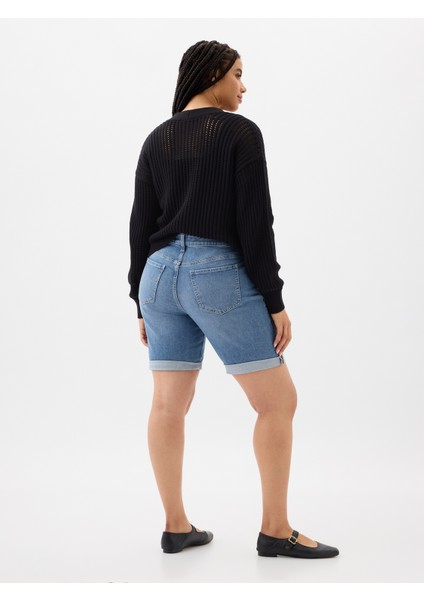 Kadın Mavi 9" Mid Rise Denim Bermuda Şort fiyatları