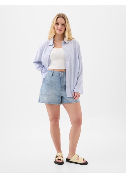 Kadın Açık Mavi 4" High Rise Denim Utility Şort modelleri