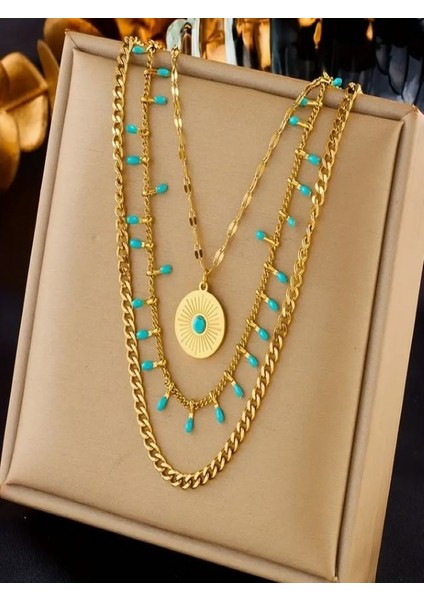 Boho Mavi Taşlı Kombin Kolye SETI-18K Altın Kaplama-Paslanmaz Çelik