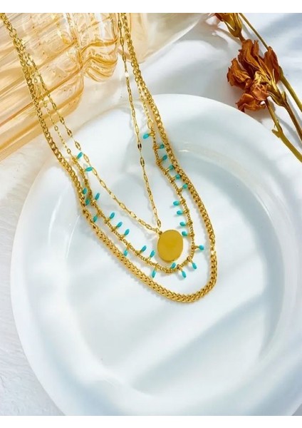 Boho Mavi Taşlı Kombin Kolye SETI-18K Altın Kaplama-Paslanmaz Çelik modelleri