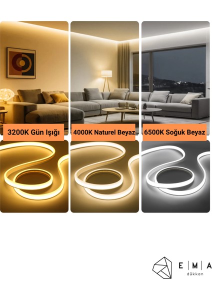 12 Volt 5 Metre Naturel Beyaz Neon LED Işık 1 cm Prize Takılmaya Hazır Değil Neon Şerit LED Esnek Silikonlu