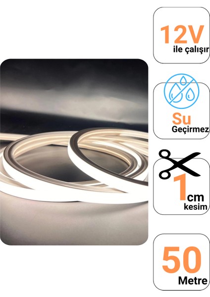 12 Volt 50 Metre Naturel Beyaz Neon LED Işık 1 cm Prize Takılmaya Hazır Değil Neon Şerit LED Esnek Silikonlu modelleri