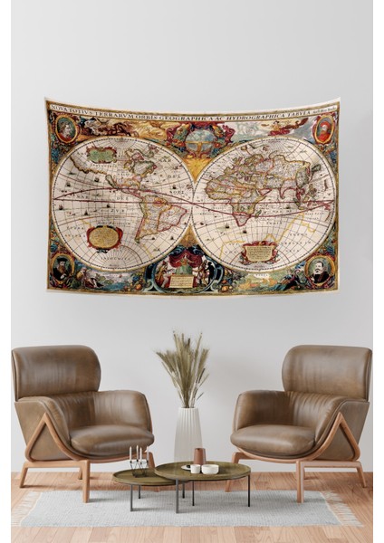 Hondius 1630 Antik Dünya Haritası Desenli Turuncu-Beyaz Mikrofiber Bohem Duvar Örtüsü, Yatak ve Oturma Odası, 200x140 cm indirimleri