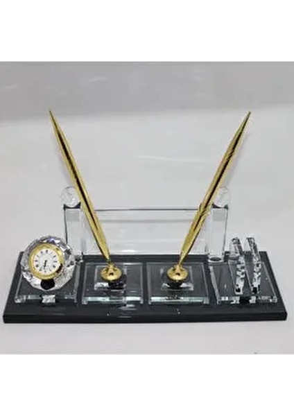 Cam Masa İsimliği Lüks Masaüstü 2 Parça Şık Altın Renkli Kalemler ile