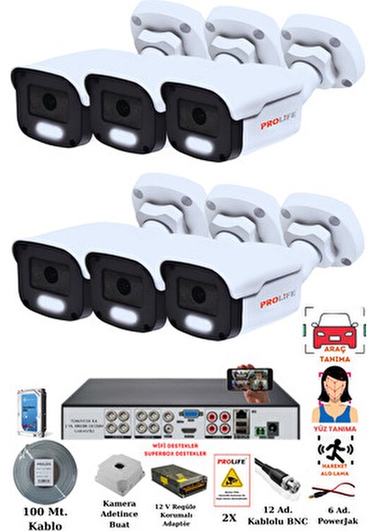 6'lı Guvenlik Kamerası Gece Renkli Görüşlü Full Hd 5 Mp Sony Lensli Yüz Tanımalı Kamera Sistemi