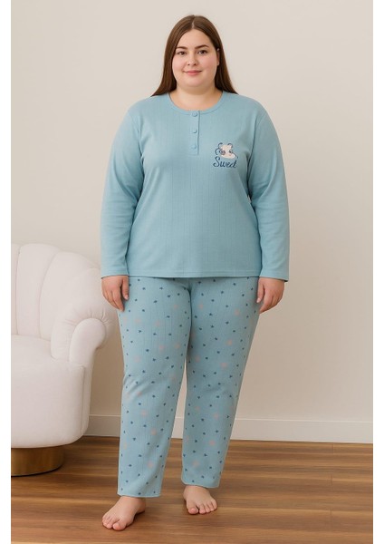 Kadın 05108 Büyük Beden % 100 Pamuk Raporlu Interlok Pijama Takımı Mavi