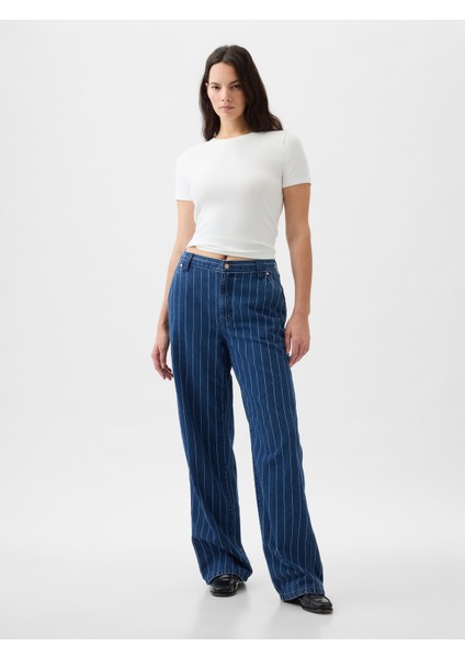Kadın Koyu Mavi Mid Rise '90S Loose Çizgili Carpenter Jean Pantolon indirimleri
