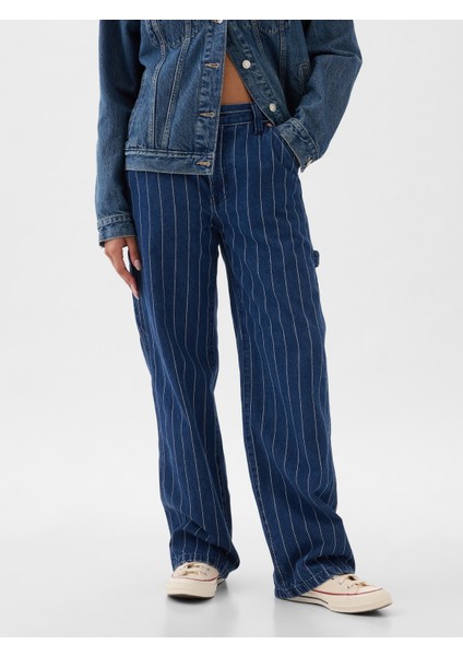 Kadın Koyu Mavi Mid Rise '90S Loose Çizgili Carpenter Jean Pantolon