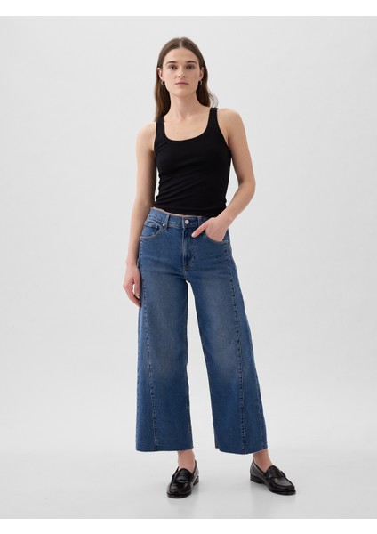 Kadın Koyu Mavi High Rise Stride Wide-Leg Ankle Jean Pantolon